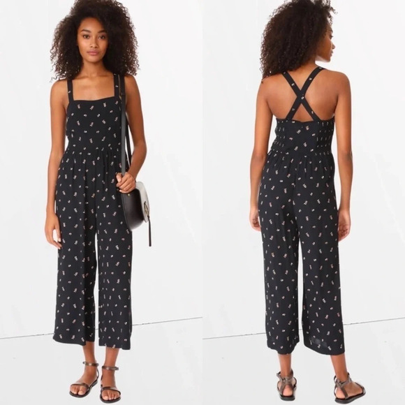 Madewell Smocked Culotte Crop Wide Leg Jumpsuit 0 Flowers Lilies Of The Valley - Picture 1 of 13